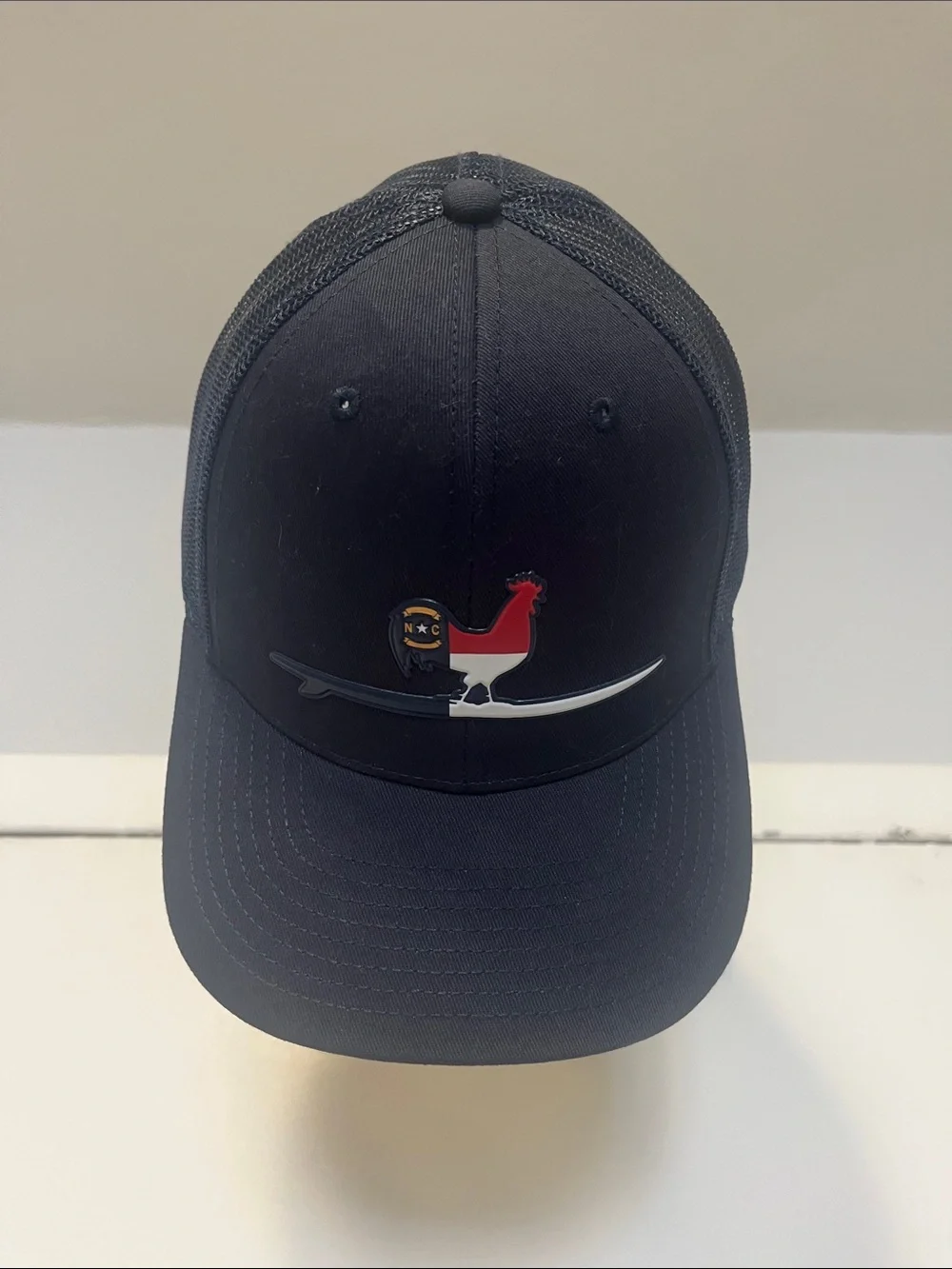 Beach & Barn Men's Navy Trucker Hat with Red & White Rooster Patch